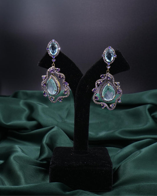 Italian Sky Blue Stone Drop Earrings with Layered Purple Accents