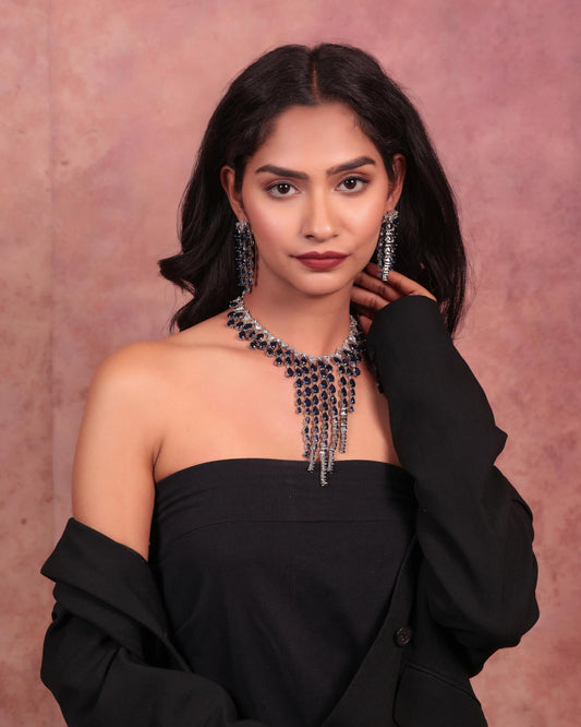 American Diamond & Blue Drop Chandelier Necklace Set