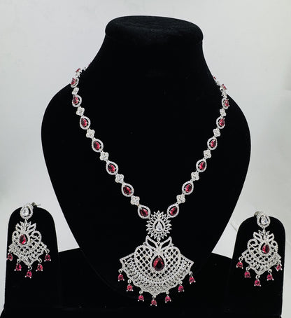 American Diamond & Ruby Drop Chandelier Necklace Set