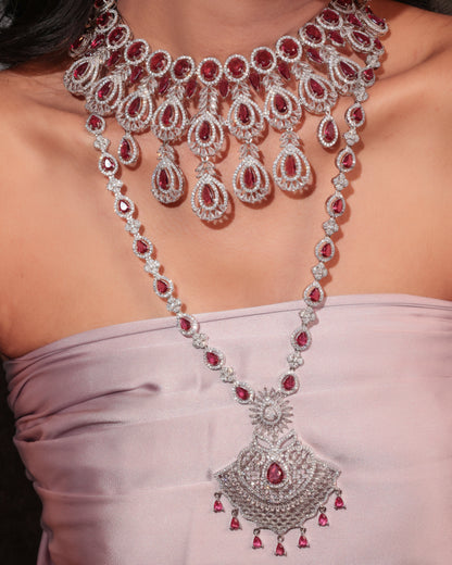 American Diamond & Ruby Drop Chandelier Necklace Set