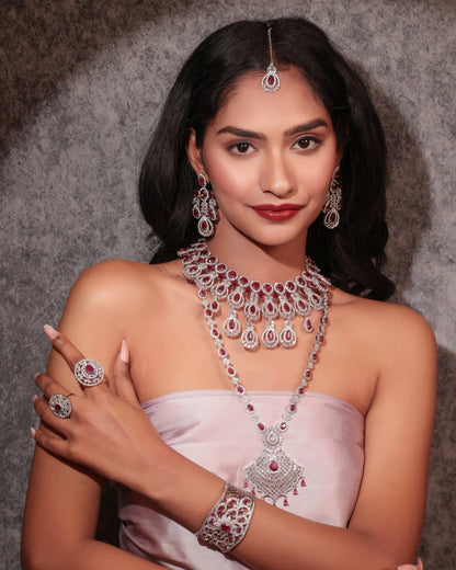 American Diamond & Ruby Drop Chandelier Necklace Set