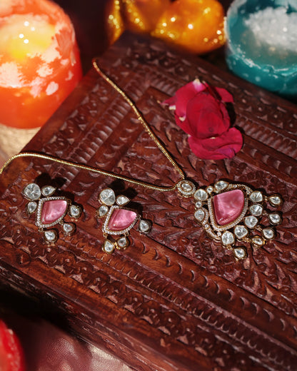 Regal Pink Stone & Moissanite Necklace Set