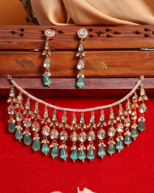 Regal Kundan & Emerald Green Drop Necklace Set
