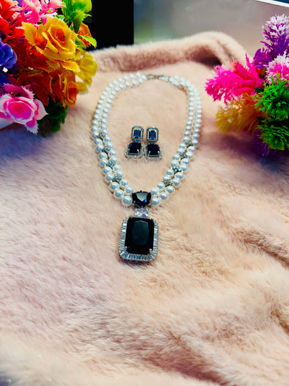 Royal Sapphire & Pearl Necklace – Adorned with American Diamonds