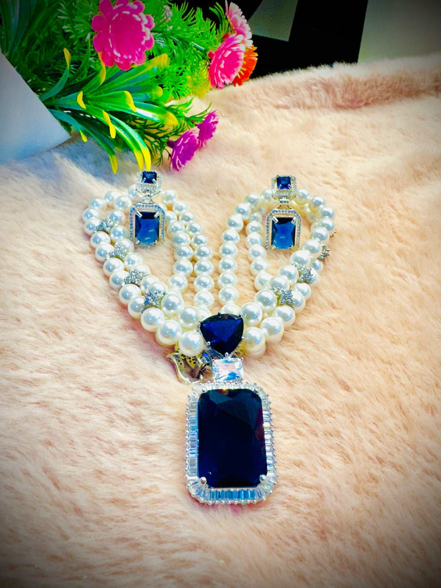 Royal Sapphire & Pearl Necklace – Adorned with American Diamonds