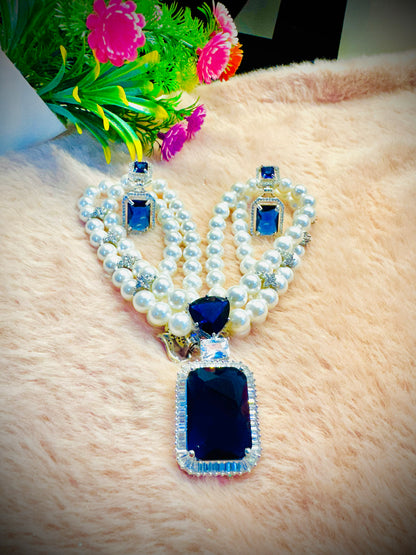 Royal Sapphire & Pearl Necklace – Adorned with American Diamonds