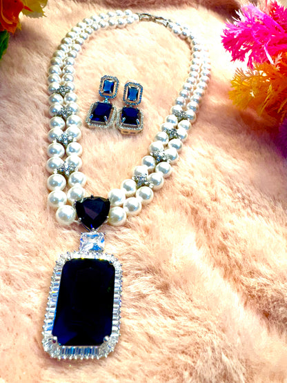 Royal Sapphire & Pearl Necklace – Adorned with American Diamonds