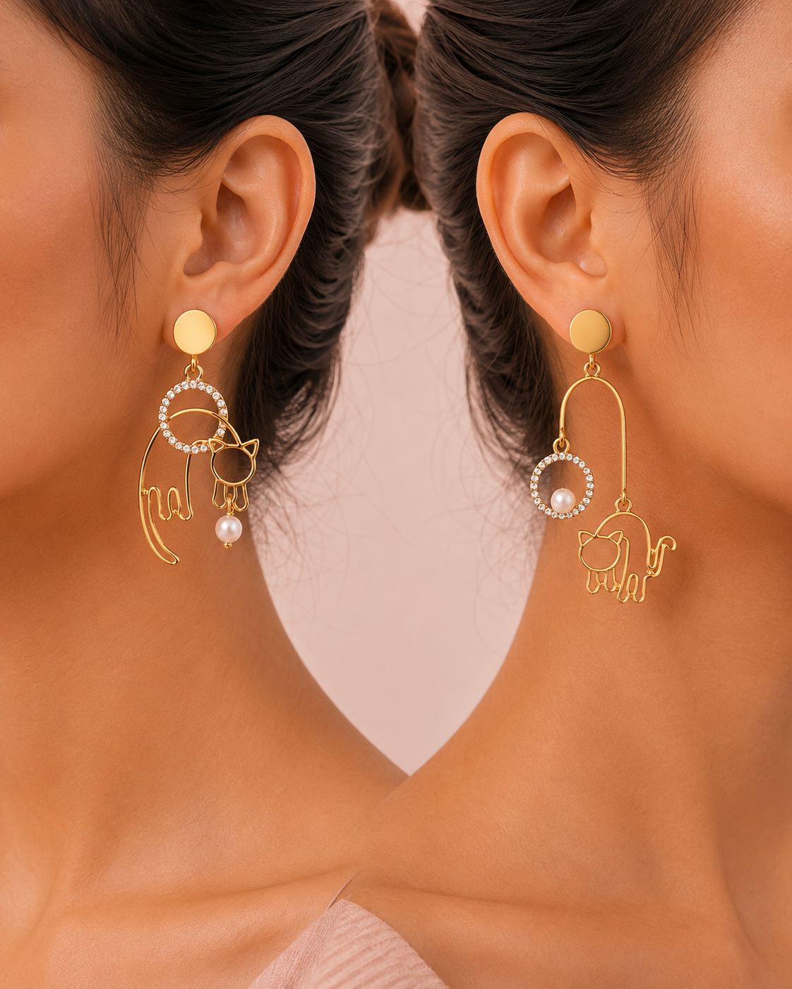 Purrfect Pearl Cat Asymmetrical Earrings