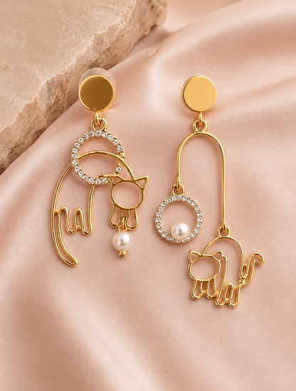Purrfect Pearl Cat Asymmetrical Earrings