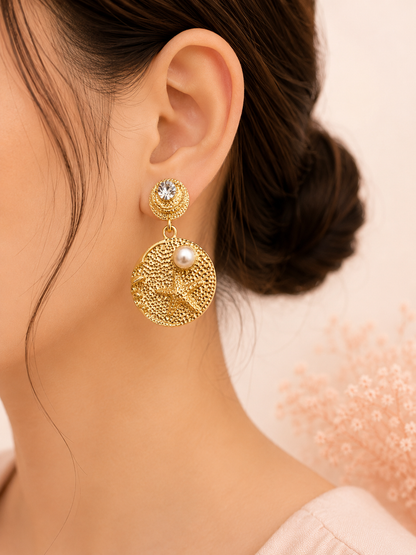 Golden Coastal Pearl Statement Earrings