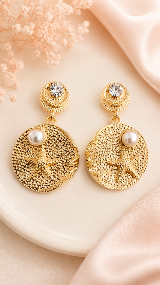 Golden Coastal Pearl Statement Earrings