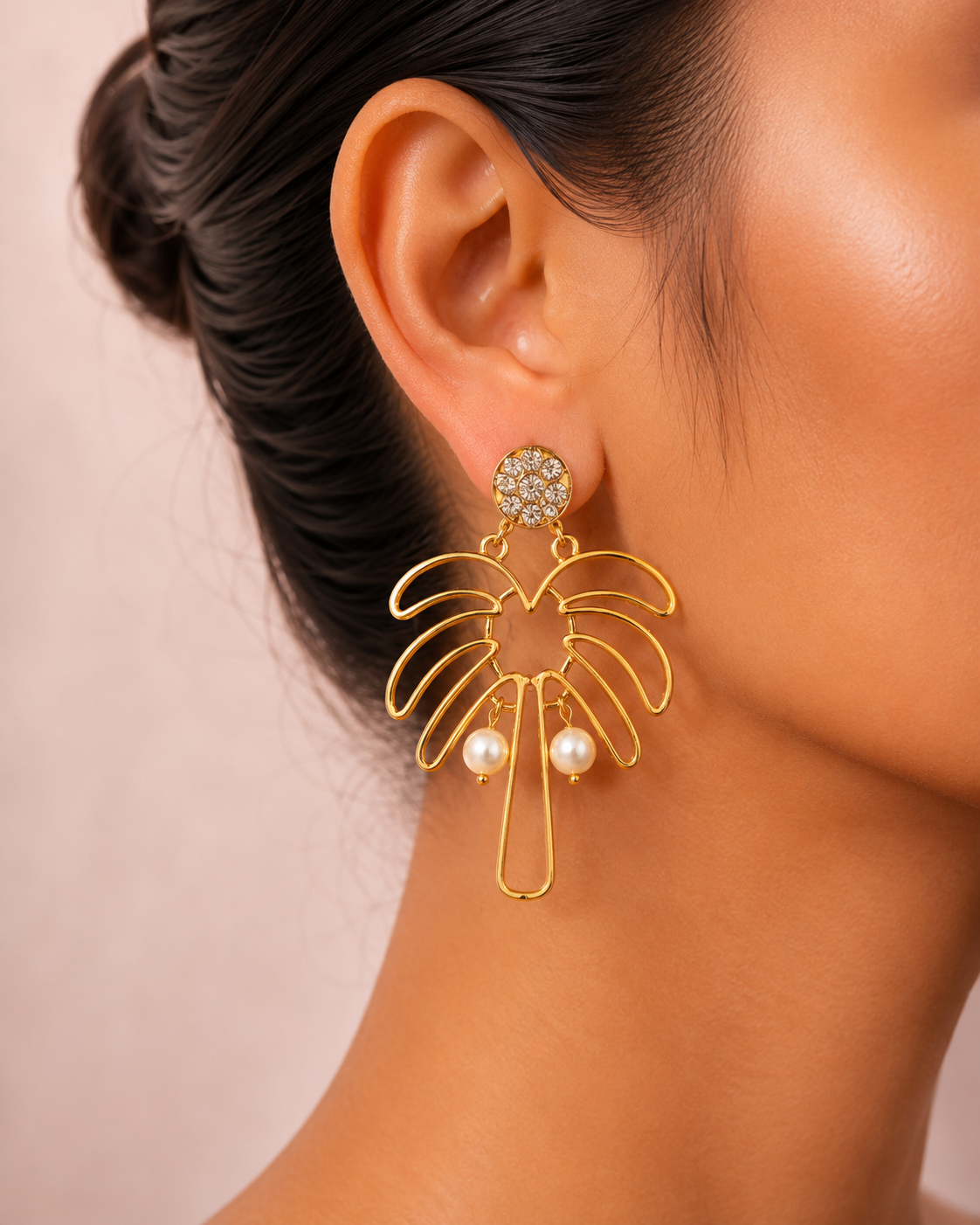 Golden Palm Pearl Statement Earrings