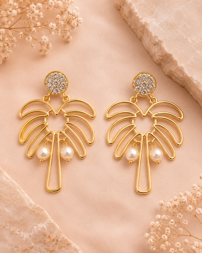 Golden Palm Pearl Statement Earrings