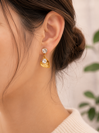 Golden Crystal Heart Drop Earrings