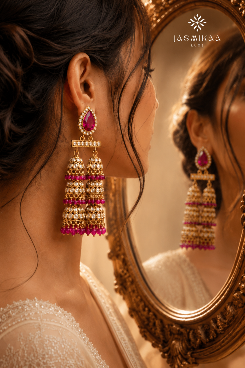 Exquisite Kundan Triple-Tier Jhumka Earrings