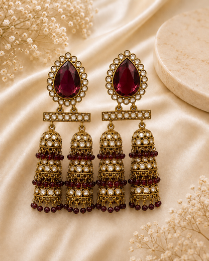Exquisite Kundan Triple-Tier Jhumka Earrings