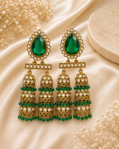 Exquisite Kundan Triple-Tier Jhumka Earrings