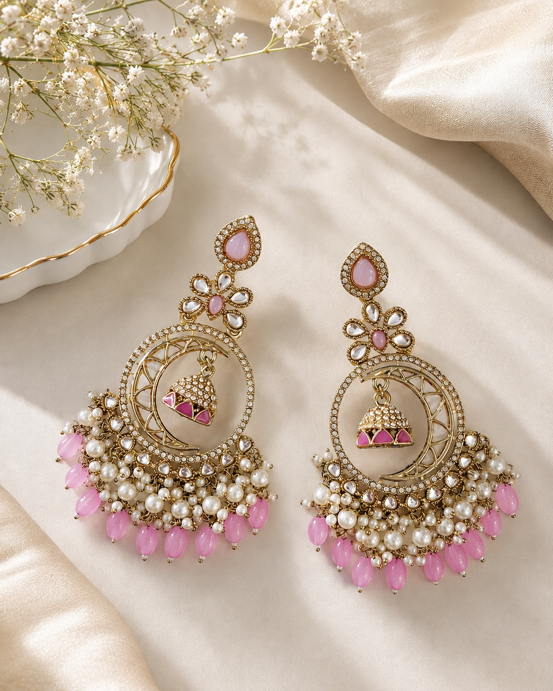 Kundan Pearl Chandbali Jhumka Earrings