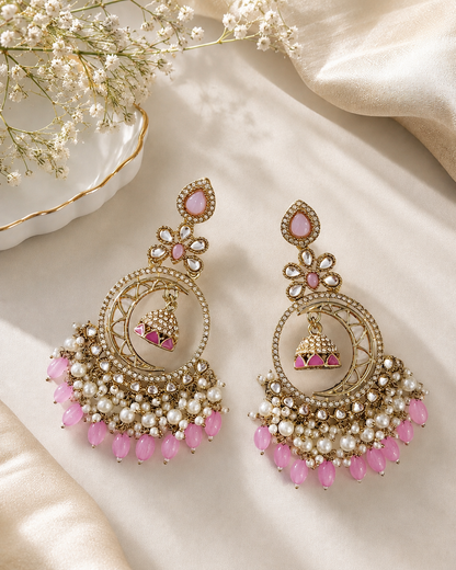 Kundan Pearl Chandbali Jhumka Earrings