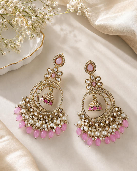 Kundan Pearl Chandbali Jhumka Earrings