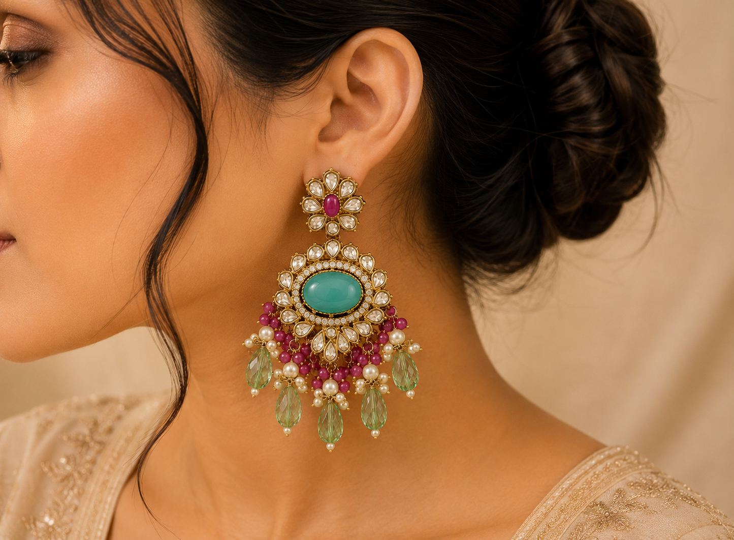 Surajmukhi Kundan Pearl Drop Earrings