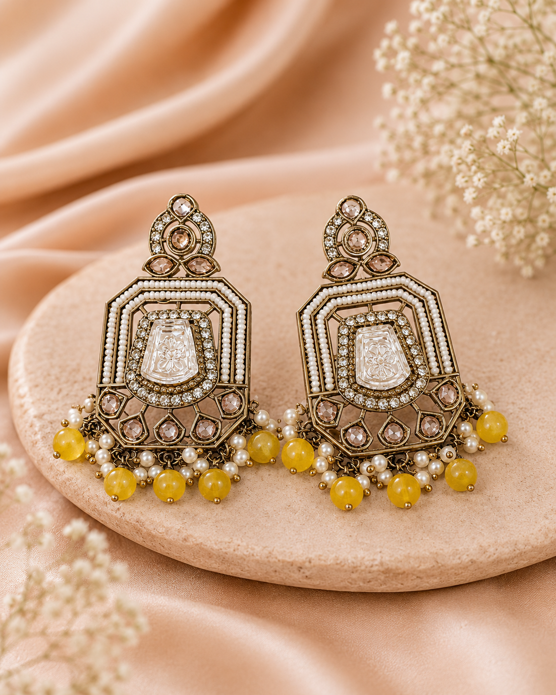 Serena Embossed Silver Kundan Earrings