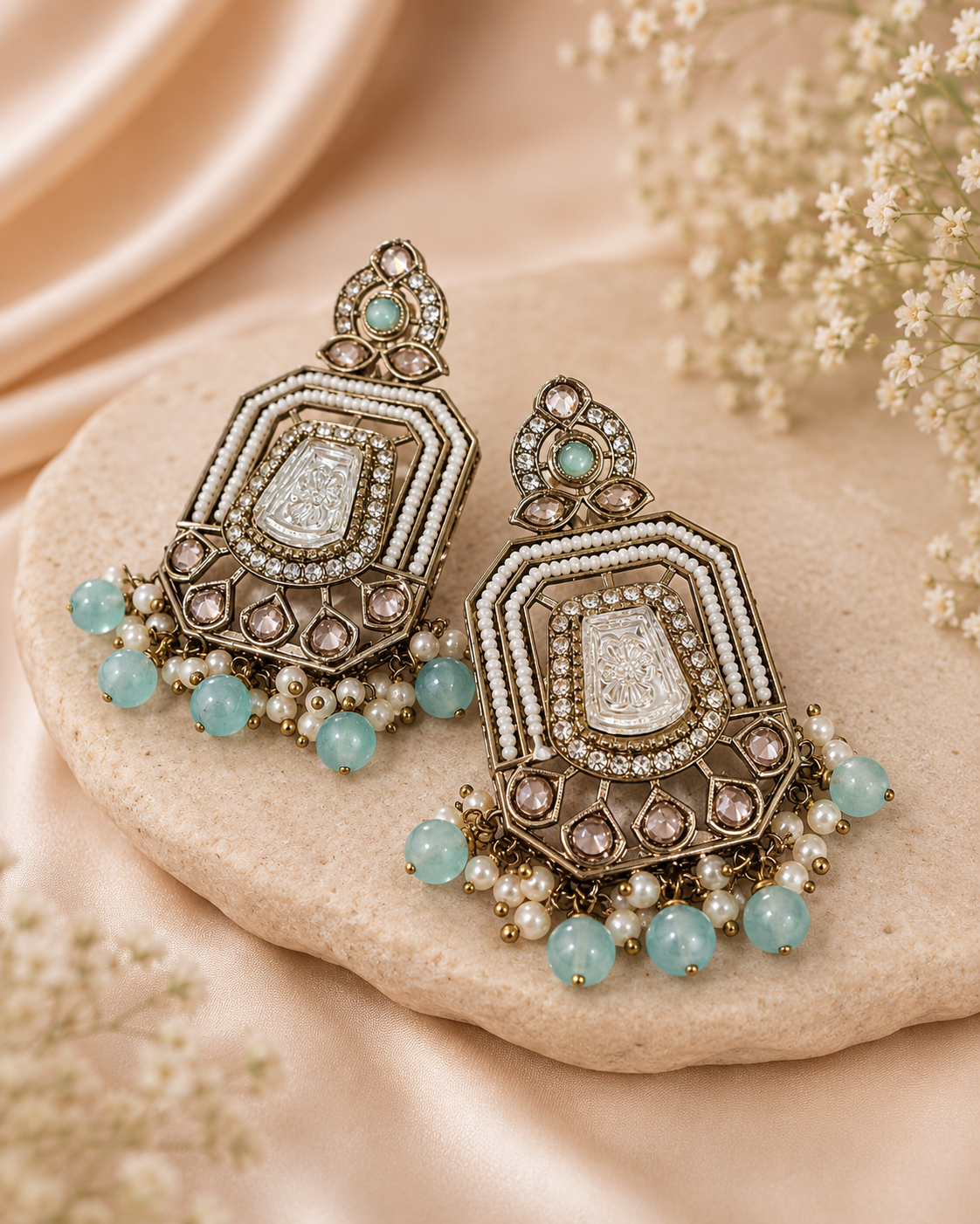 Serena Embossed Silver Kundan Earrings