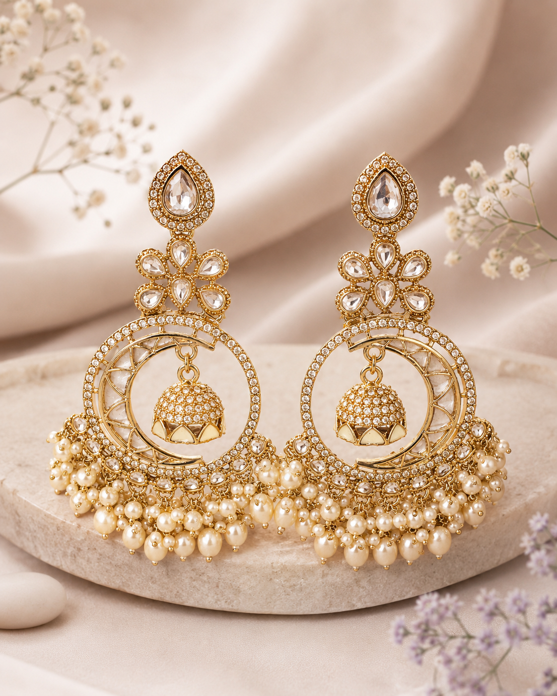 Kundan Pearl Chandbali Jhumka Earrings