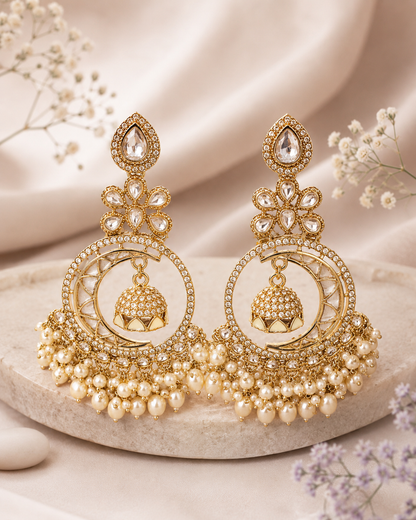 Kundan Pearl Chandbali Jhumka Earrings