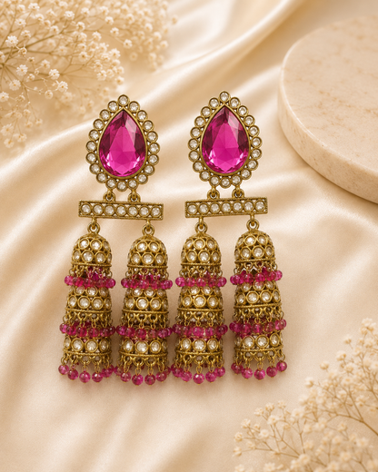Exquisite Kundan Triple-Tier Jhumka Earrings