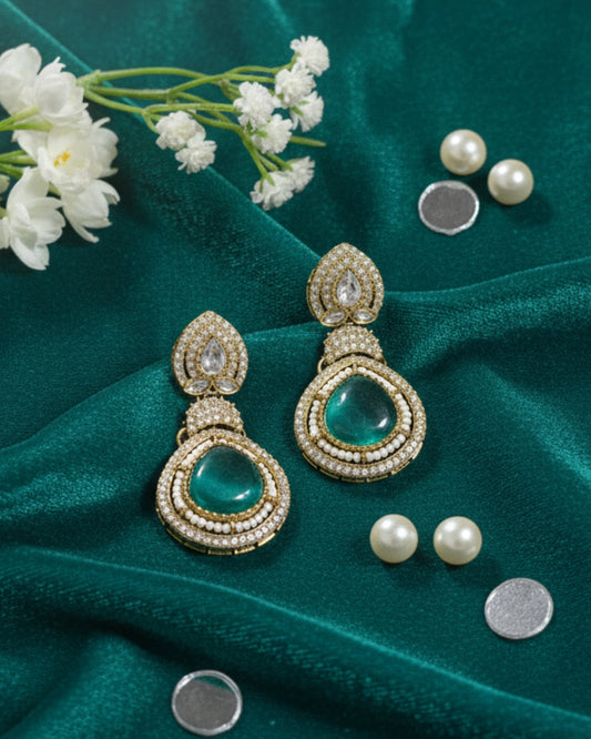 Golden Drop Earrings with Green Center & Pearl Halo