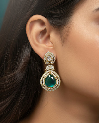 Golden Drop Earrings with Green Center & Pearl Halo