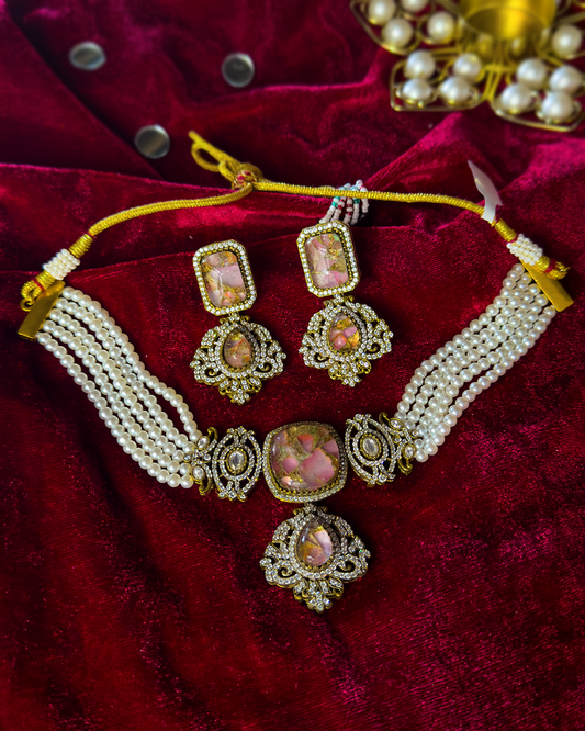 Mehndi Green Firestone & Moissanite Pearl String Choker Set
