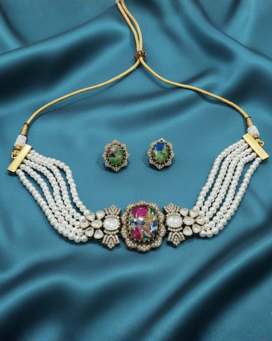 Moissanite & Multicolor Stone Pearl Choker Set