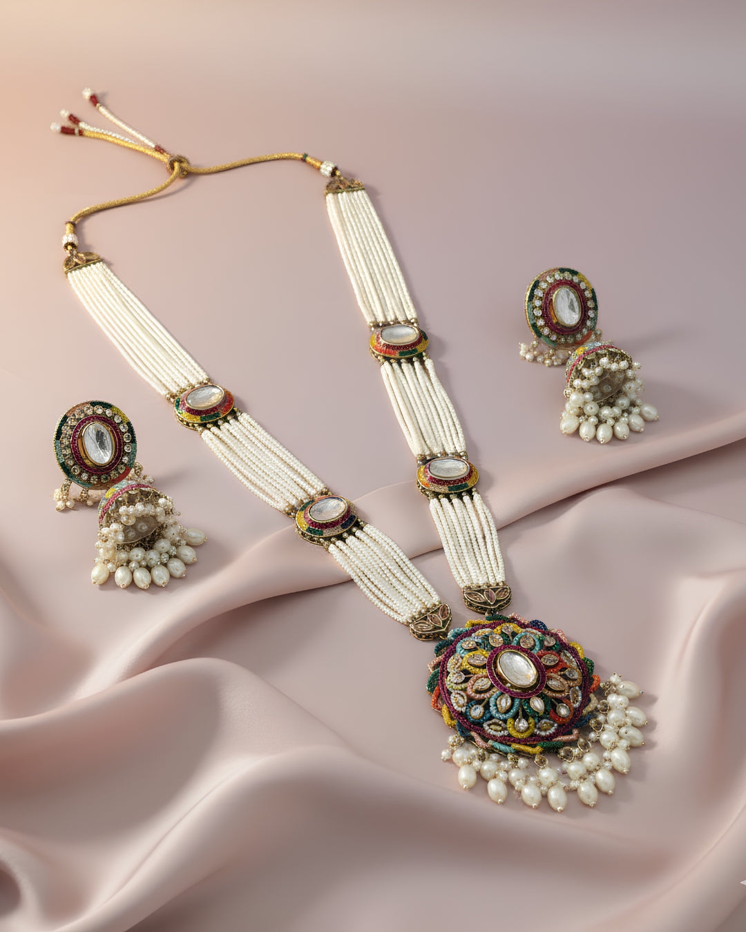 Multicolour Pearl Bead Long Necklace with Jhumka