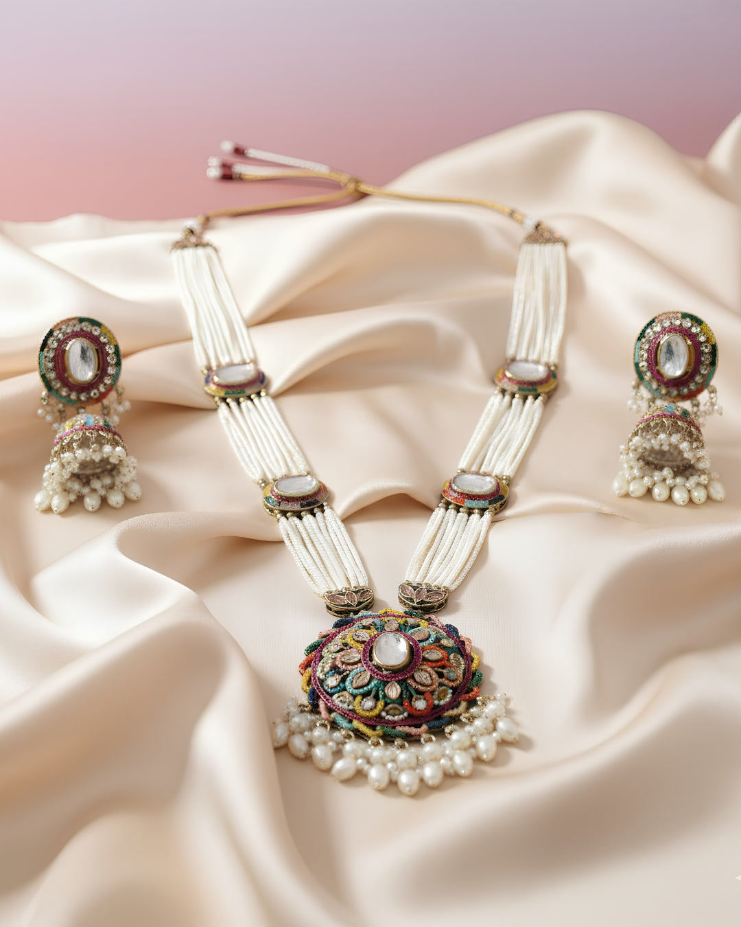 Multicolour Pearl Bead Long Necklace with Jhumka