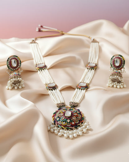 Multicolour Pearl Bead Long Necklace with Jhumka