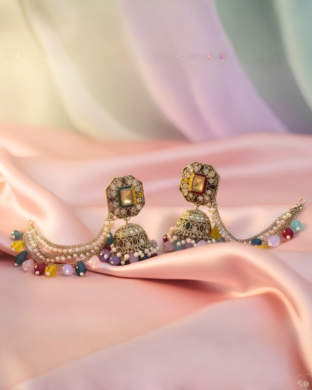 Multicolour Stone & Bead Chain Jhumka