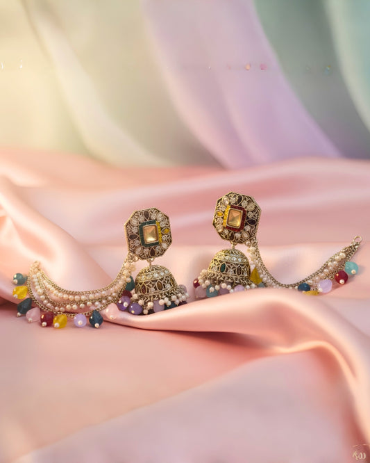 Multicolour Stone & Bead Chain Jhumka