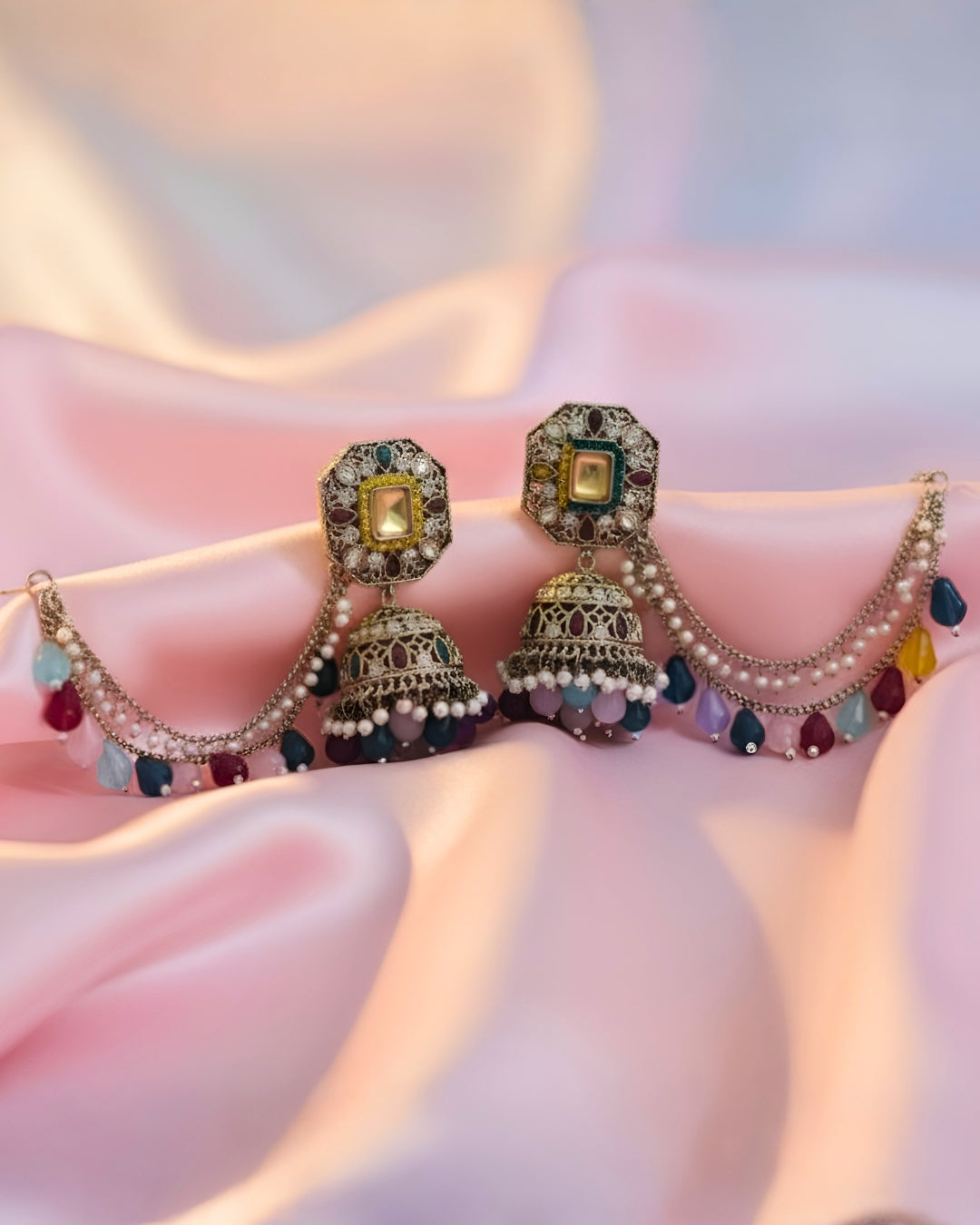 Multicolour Stone & Bead Chain Jhumka