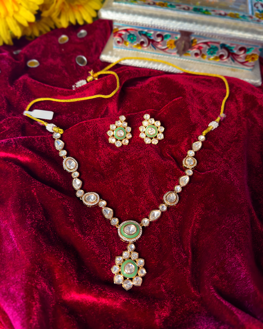 Pista Green Polki V-Shape Necklace Set