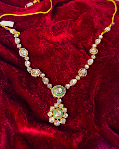 Pista Green Polki V-Shape Necklace Set