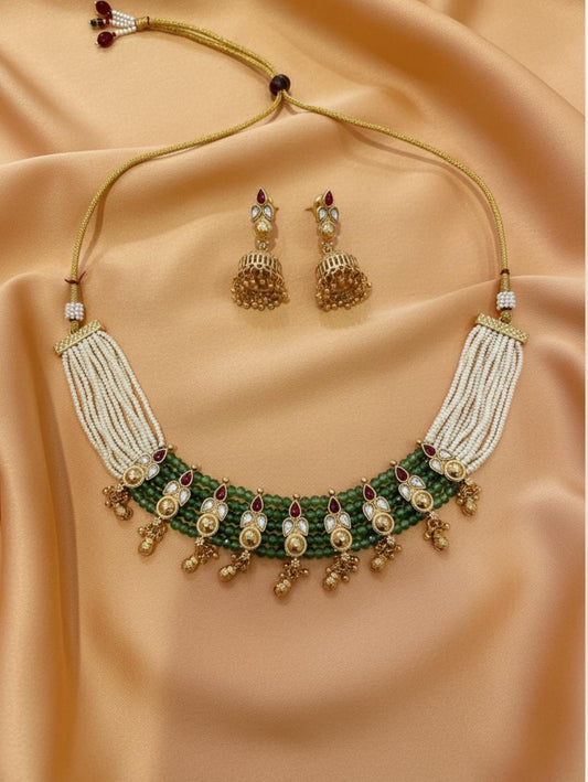 Multi-Strand Green Bead Choker Set