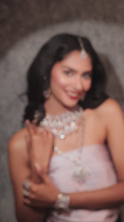 American Diamond & Ruby Drop Chandelier Necklace Set