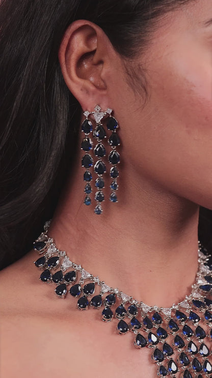 American Diamond & Blue Drop Chandelier Necklace Set