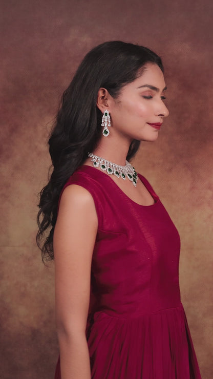 Emerald Green & American Diamond Chandelier Necklace Set
